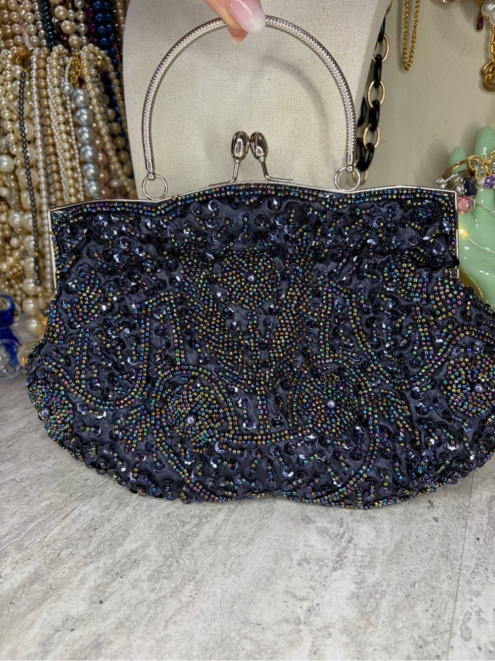 Vintage Navy Blue Beaded Evening Bag Clutch Kisslock Purse Silver Tone Hardware